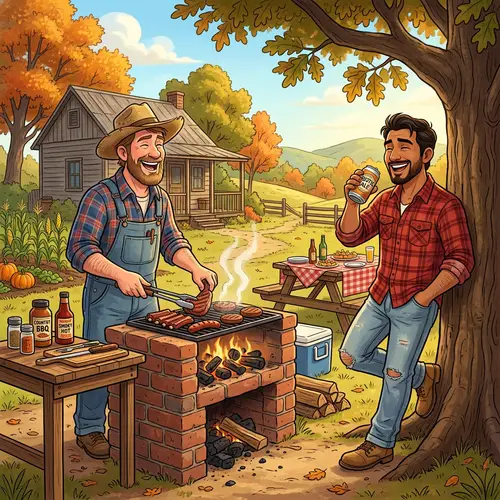 Cartoon Hillbillies Grilling Meat and Drinking Beer - Outdoor Feast Joy