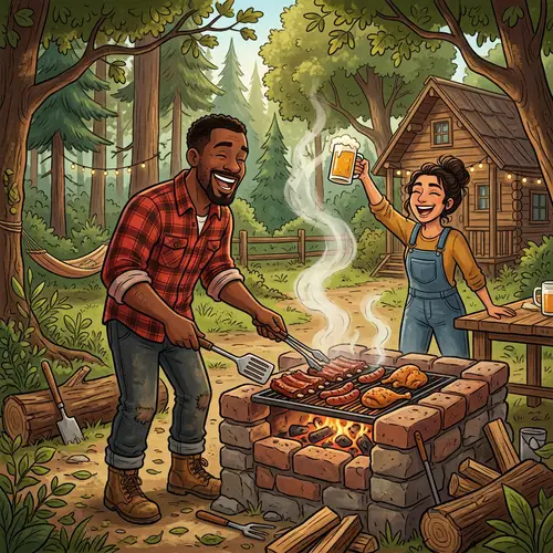 Cartoon Hillbillies Grilling Meat on Brick BBQ Pit