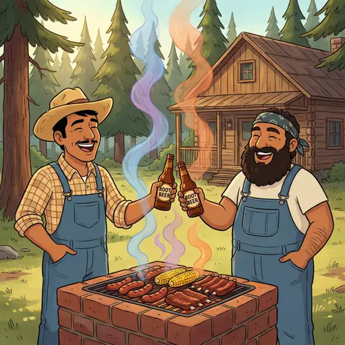 Colorful Cartoon Hillbillies Enjoying BBQ and Beer Outdoors