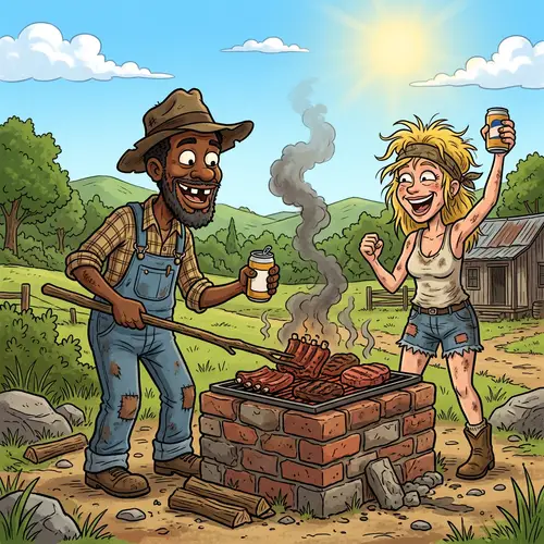 Hillbilly BBQ: Cartoon Characters Smoking Meat & Drinking Beer