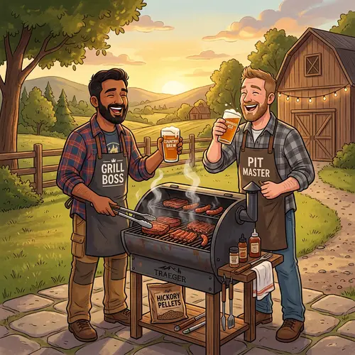 Cartoon Hillbillies Smoking Meat on Pellet Grill and Drinking Beer