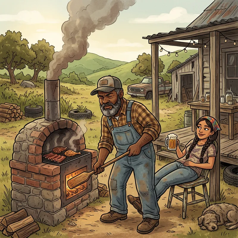 Two Cartoon Hillbillies Smoking Meat on Brick BBQ Pit