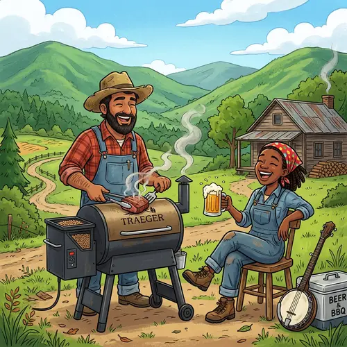 Cartoon Hillbillies Smoking Meat & Drinking Beer on Pellet Grill