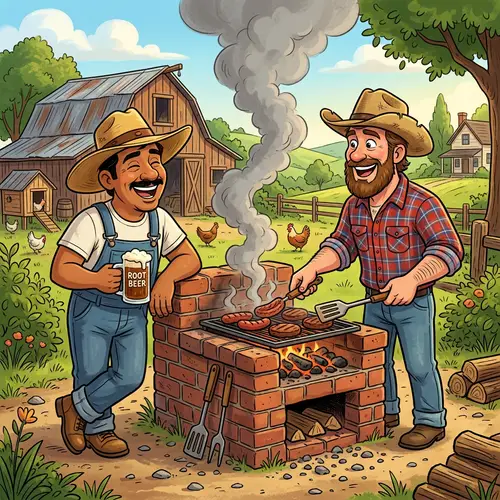 Cartoon Hillbillies Grilling Meat on Brick BBQ - Fun Moment