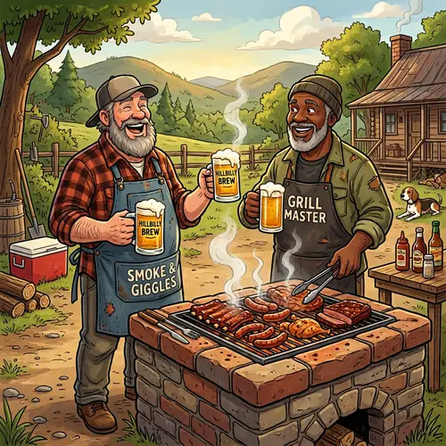 Cartoon Hillbillies Smoking Meat on Brick BBQ Pit