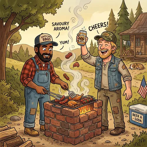Lifelike Cartoon Hillbillies Grilling Meat & Drinking Beer