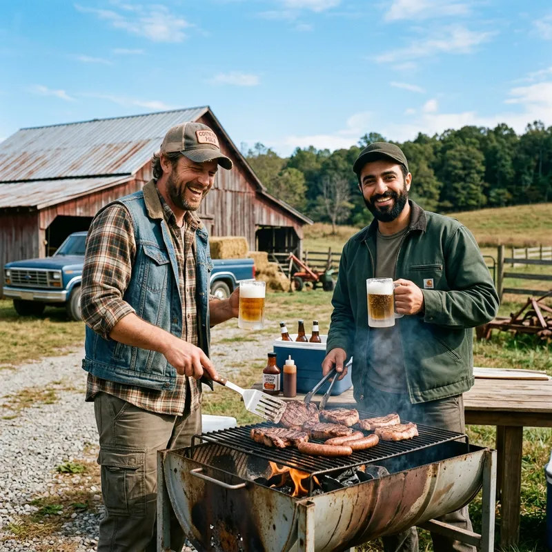 Rustic Farm Scene with Hillbillies BBQing and Beer