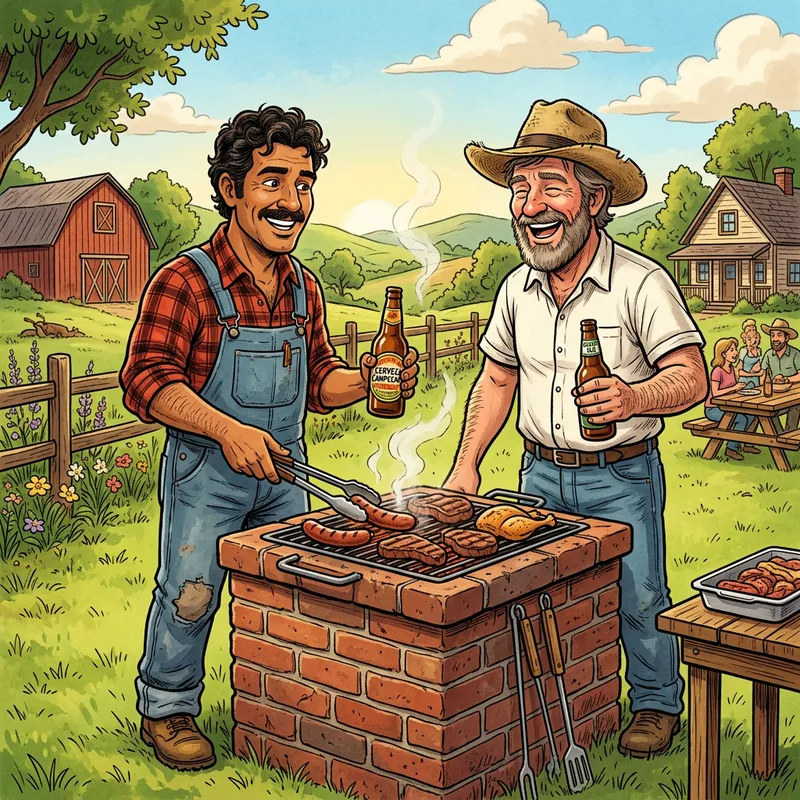 Lively Cartoon Hillbillies Grilling Meat with Beer on Brick BBQ