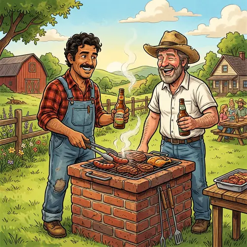 Lifelike Hillbilly Cartoon Characters Grilling Meat on Brick BBQ