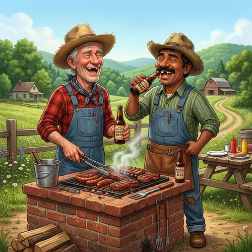 Cartoon Hillbillies Grilling Meat on Brick BBQ Pit