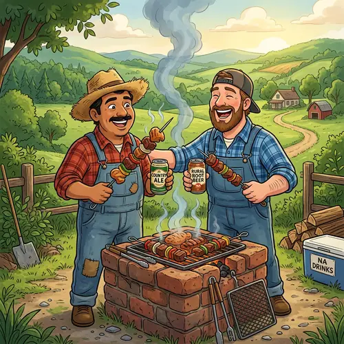 Cartoon Hillbillies Grilling Meat on Brick BBQ Pit