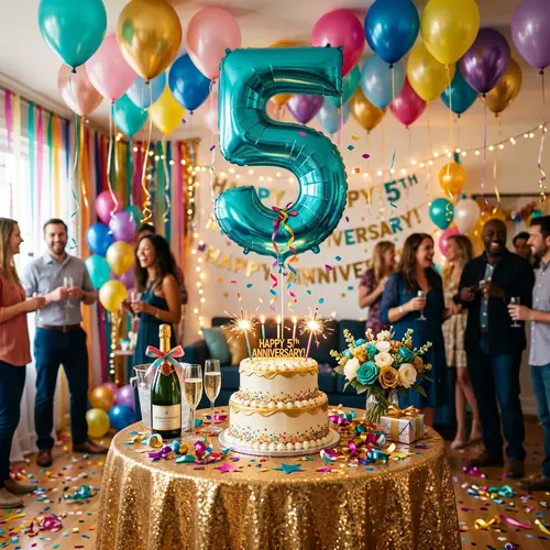 5th Anniversary Celebration | Festive Balloon Decor & Delicious Cake
