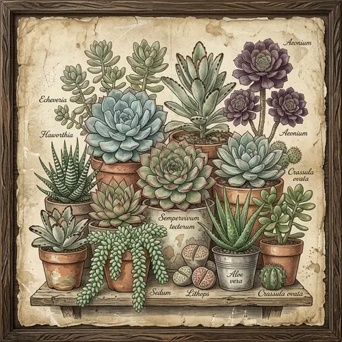 Vintage Succulent Array Artwork | Nostalgic and Timeless Design