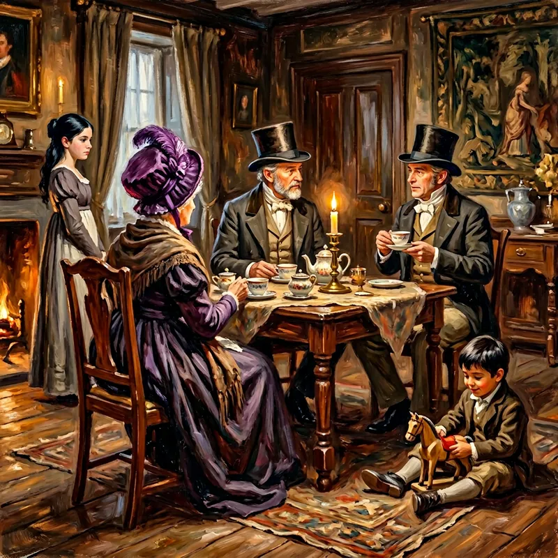 Impressionist Tea Party: Aristocracy in 1805 Dress with Antique Table & Wooden Toy Horse