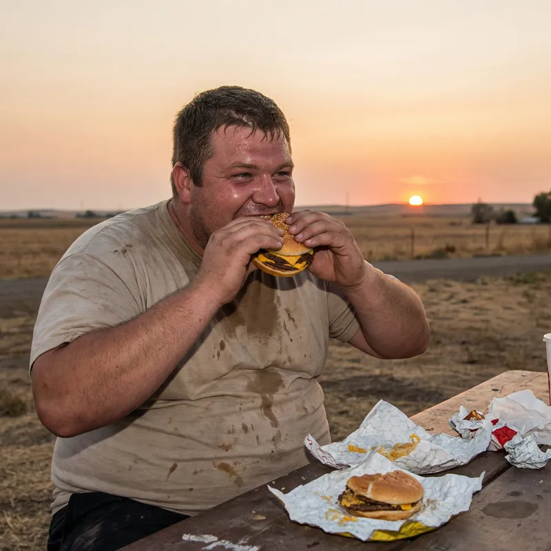 Happy Hamburger Lover on a Hot August Day