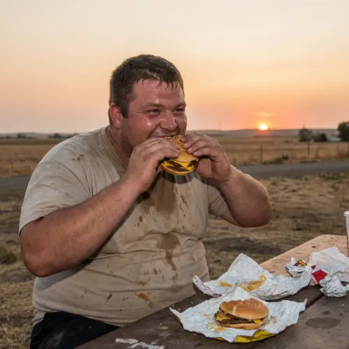 Happy Hamburger Lover on a Hot August Day