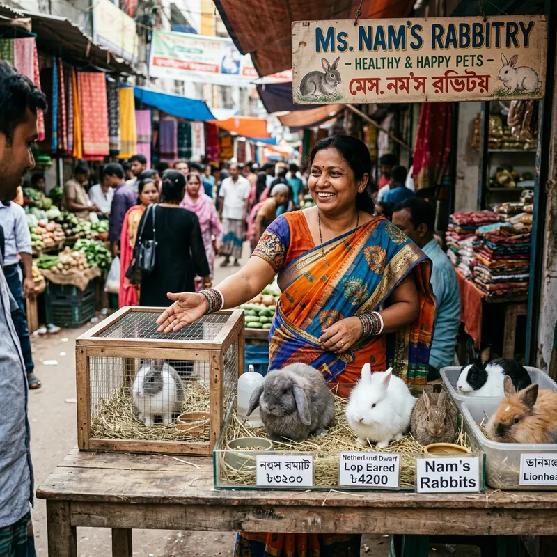 Ms. Nam Selling Rabbits at Traditional South Asian Market