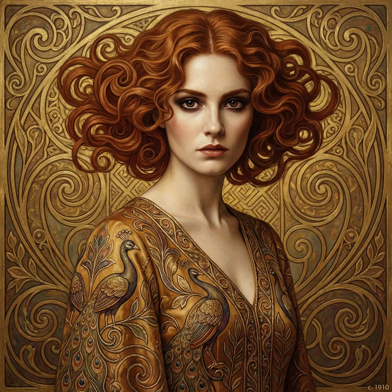 Captivating Woman with Vibrant Red Hair in Art Nouveau Style
