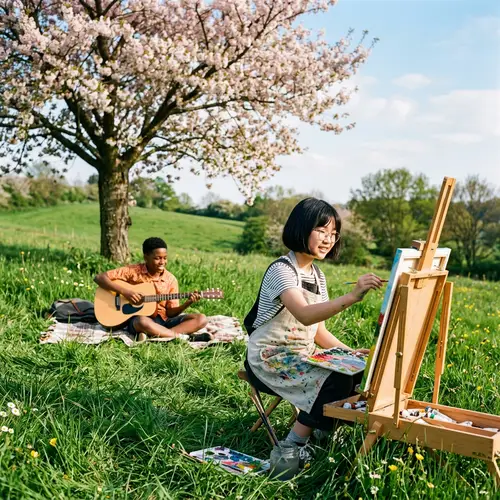 Asian Girl Painting Outdoors | African Boy Playing Guitar