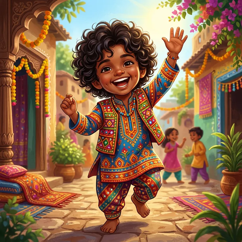 Indian Boy | Dark Skin | Curly Hair | Vibrant Traditional Attire