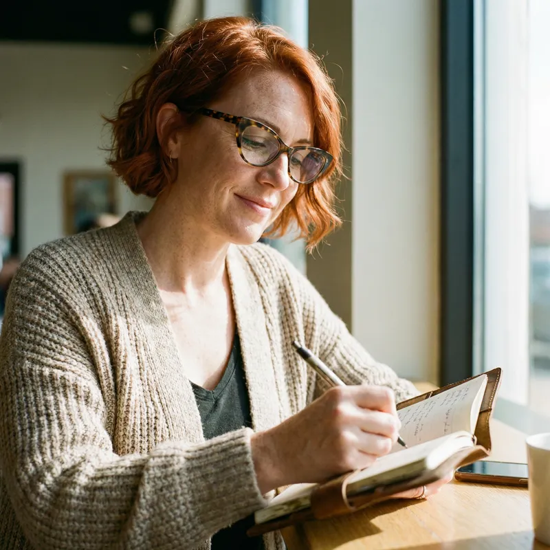Charming Woman in Cat Eye Glasses Writing Notes