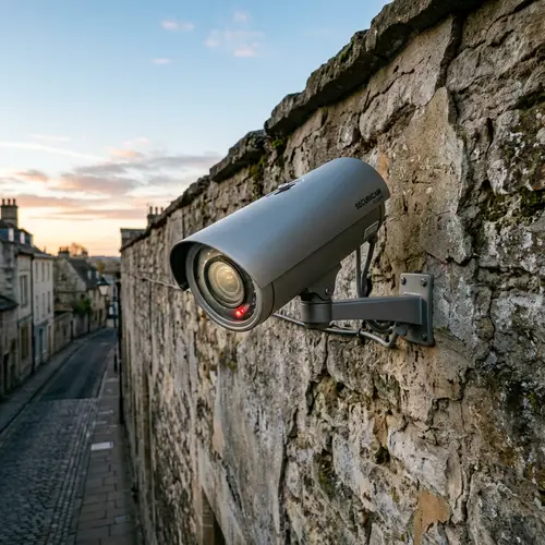Sleek CCTV Camera Mounted on High Wall - Modern Design