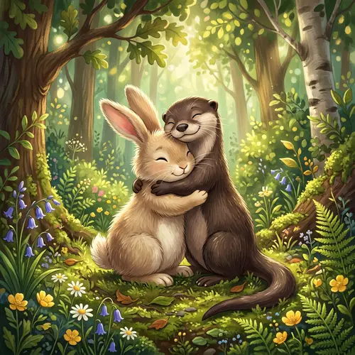 Whimsical Rabbit and Otter Embrace in a Forest Glade