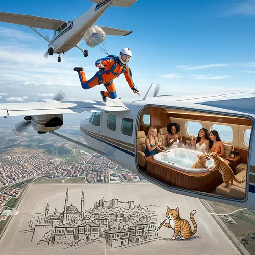 Adventurous Skydiver Lands on Flying Aircraft | Quirky Cat Sketches Kütahya Cityscape