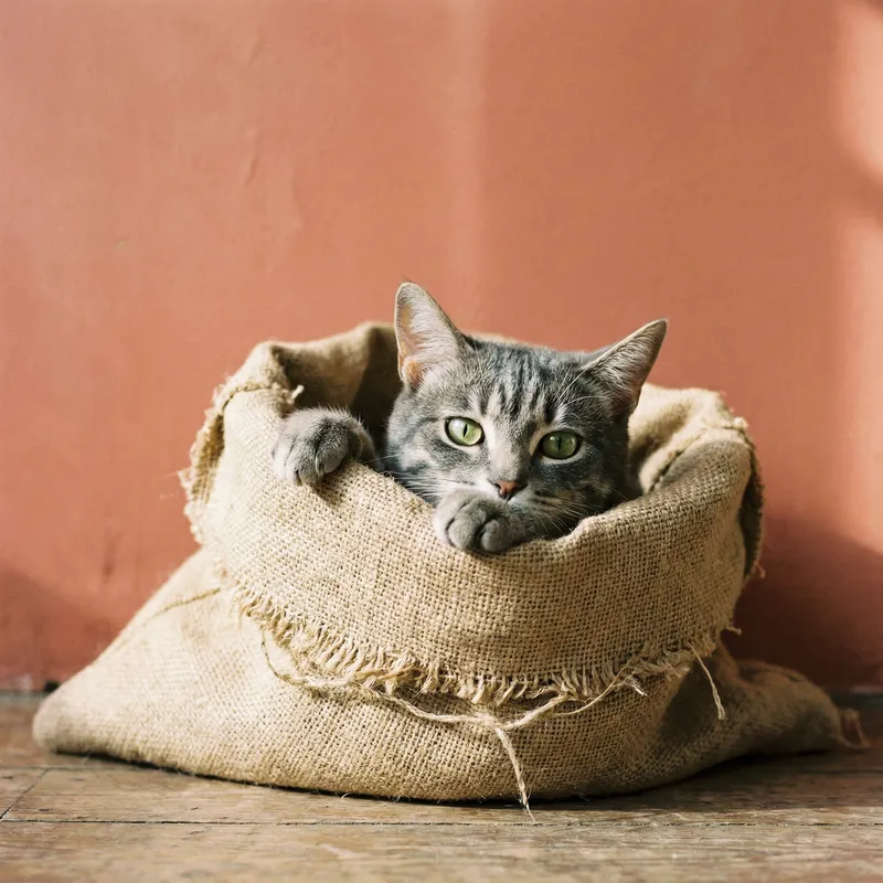 Curious Tabby Cat in Beige Burlap Bag Curious Tabby Cat in Beige Burlap Bag