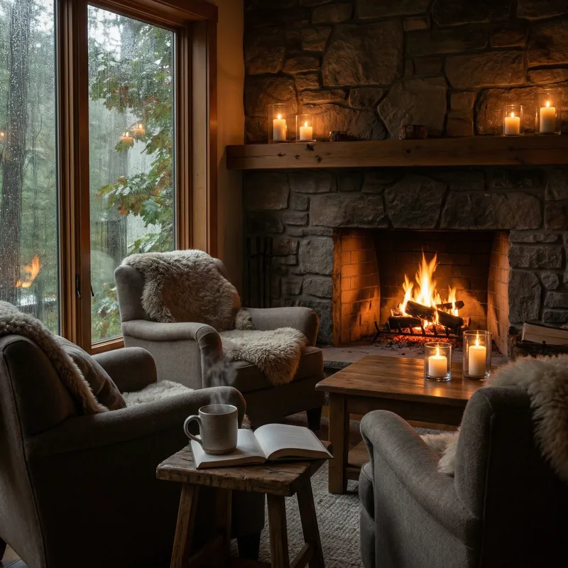 Cozy Living Room with a Glowing Fireplace