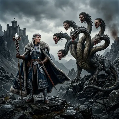 Fantasy Scene with Silver-Haired Woman and Hydra
