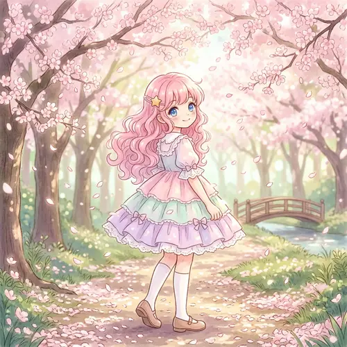 Anime Style Girl Illustration in Enchanted Sakura Forest
