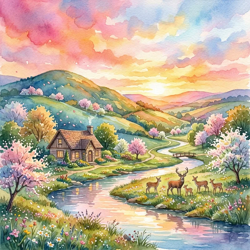 Vibrant Watercolor Landscape with Rolling Hills, River, and Deer Vibrant Watercolor Landscape with Rolling Hills, River, and Deer