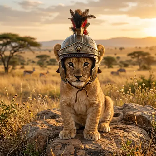 Baby Lion in Warrior Helmet | Fierce and Adorable