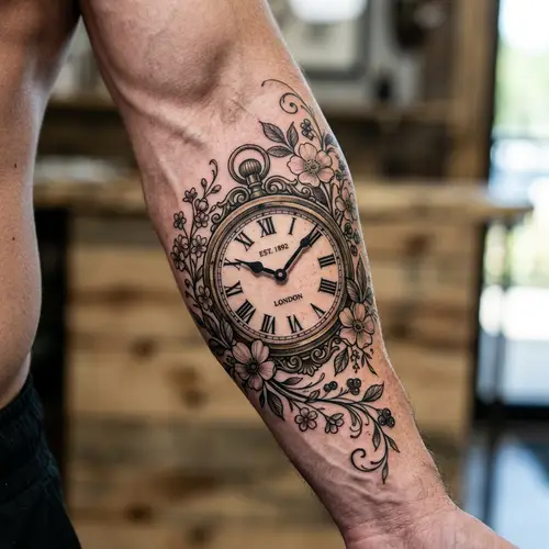 Hyper-Realistic Vintage Clock Tattoo Design