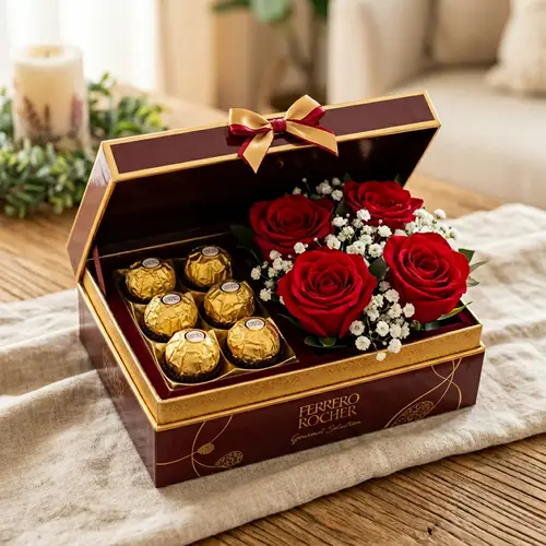 Elegant Gift Box with 6 Ferrero Rocher Chocolates & 3 Roses