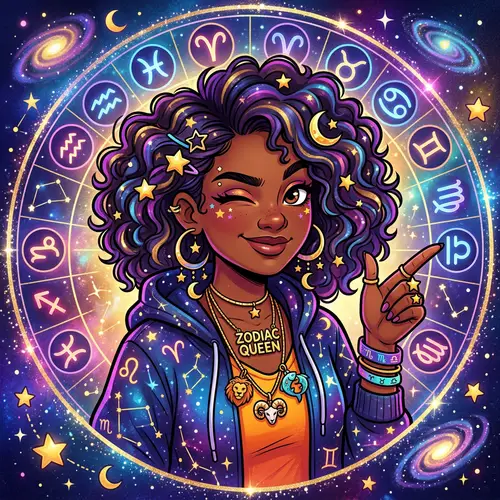Cartoon Style Diverse Girl with Zodiac-Inspired Accessories