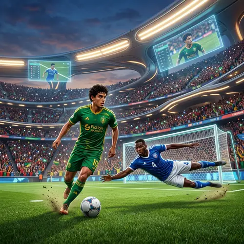 Hispanic Male Soccer Player vs Black Defender in a Fantastical Stadium