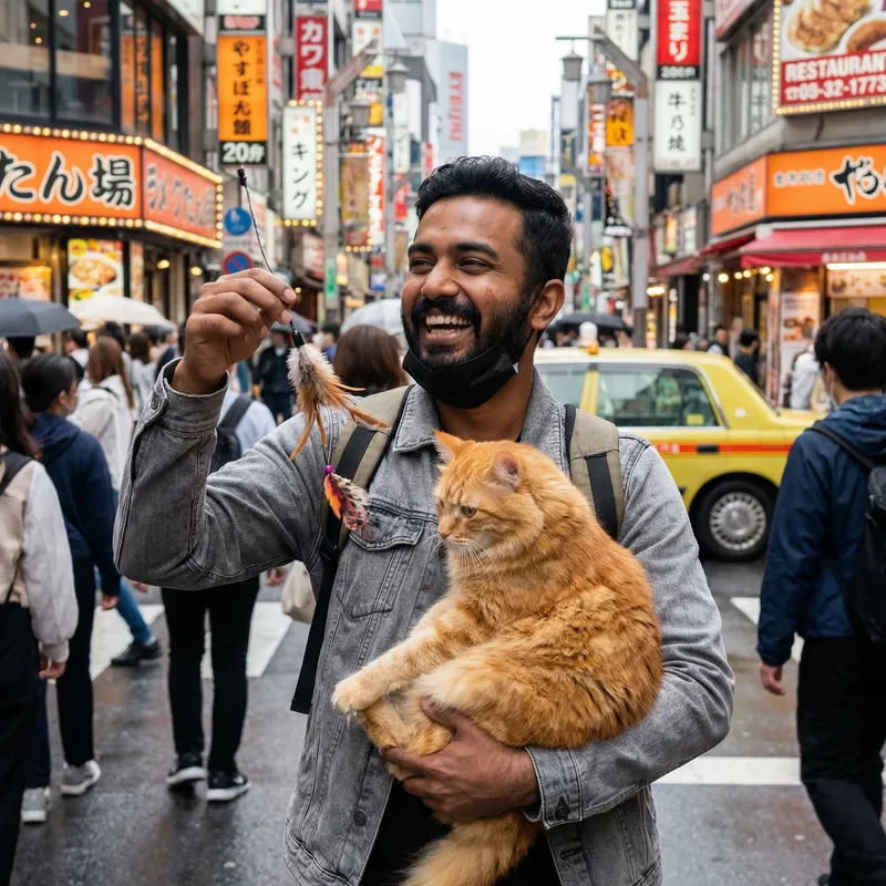South Asian Male Walking in Tokyo with Cute Cat