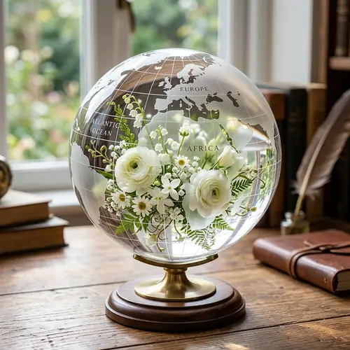 Crystal Globe with White Flowers - Elegant Botanical Artistry