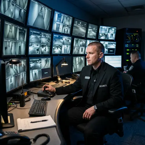 American Security Guard Monitoring Cameras at Night