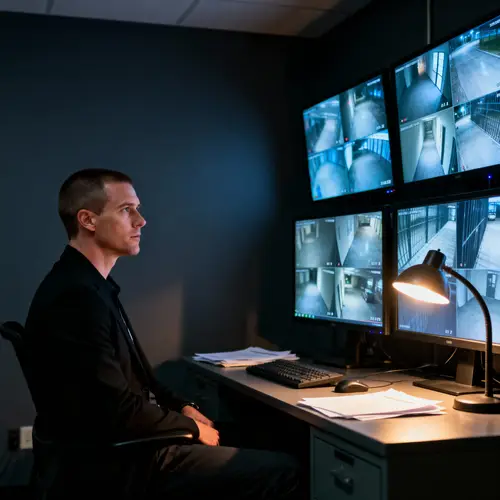 American Security Guard Monitoring Cameras at Night