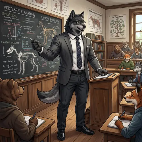 Sophisticated Wolf Character in Gray Suit in Classroom Setting