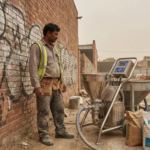 South Asian Male Worker Near Brick Wall with Mechanized Plastering Equipment
