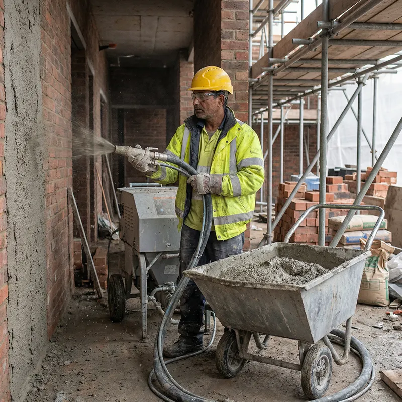 South Asian Worker Plastering with Mechanized Equipment