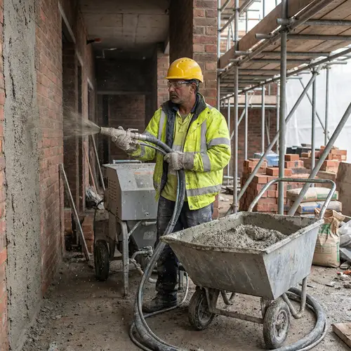 South Asian Male Worker Mechanized Plastering | Construction Site