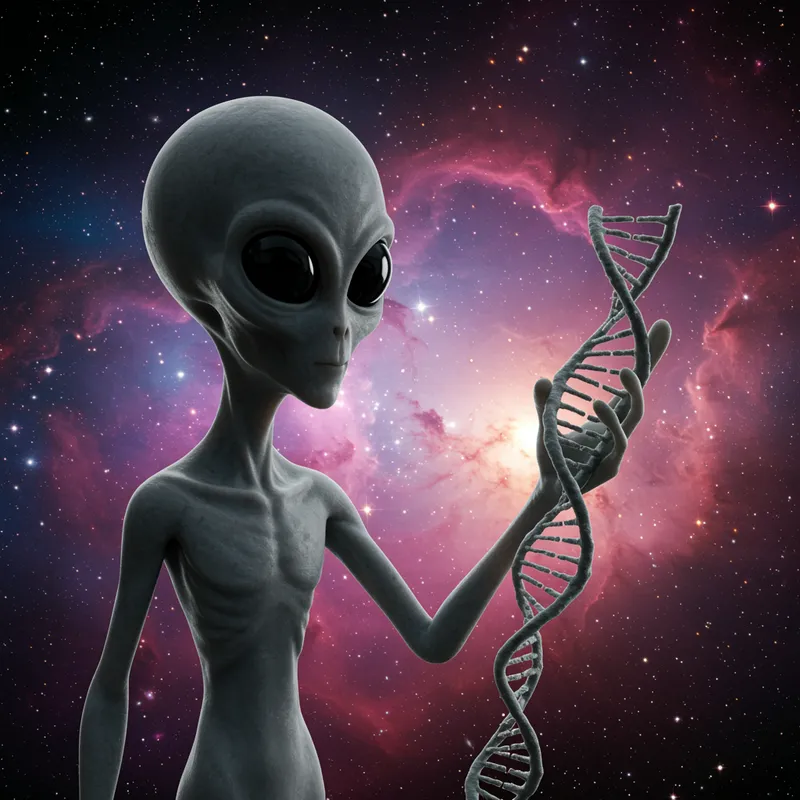 Grey Alien with DNA Strand in Colorful Universe
