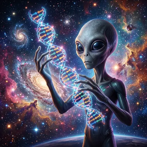 Grey Alien with DNA Strand in Colorful Universe
