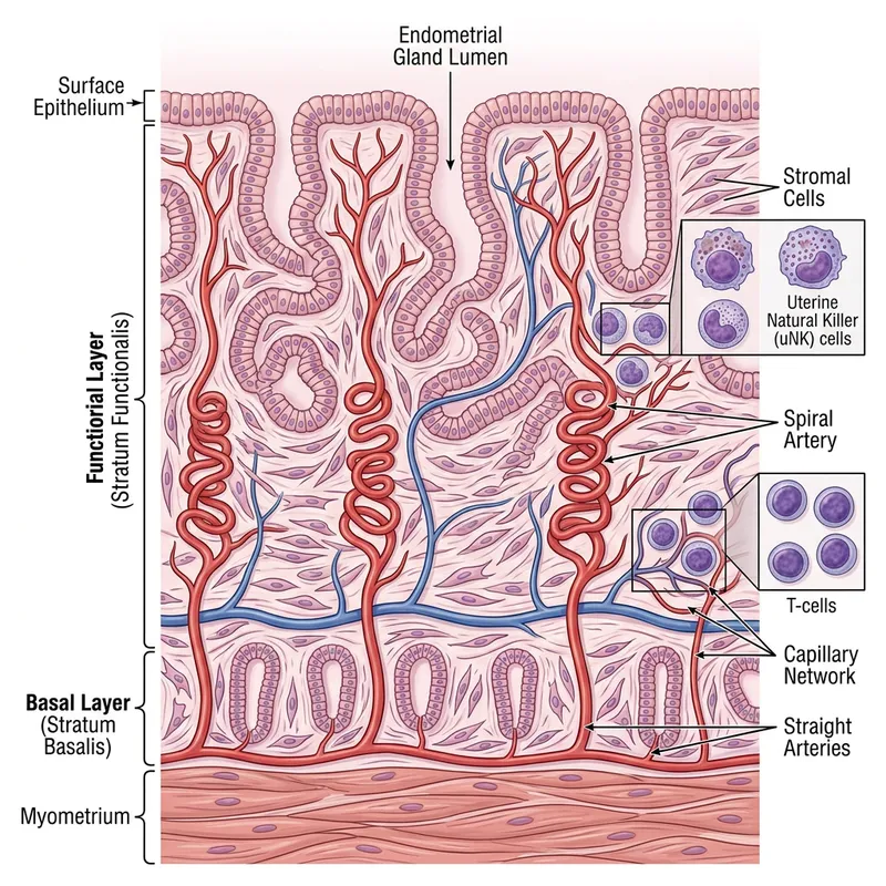 Detailed Endometrial Tissue Cross-Section: Cells & Immune Components Detailed Endometrial Tissue Cross-Section: Cells & Immune Components