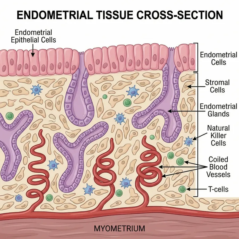 Illustration of Endometrial Tissue: Epithelial Cells, Glands & Blood Vessels